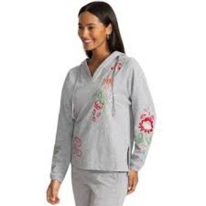 Johnny Was Gray Hoodie Sweater with Pink & Teal Floral Embroidery